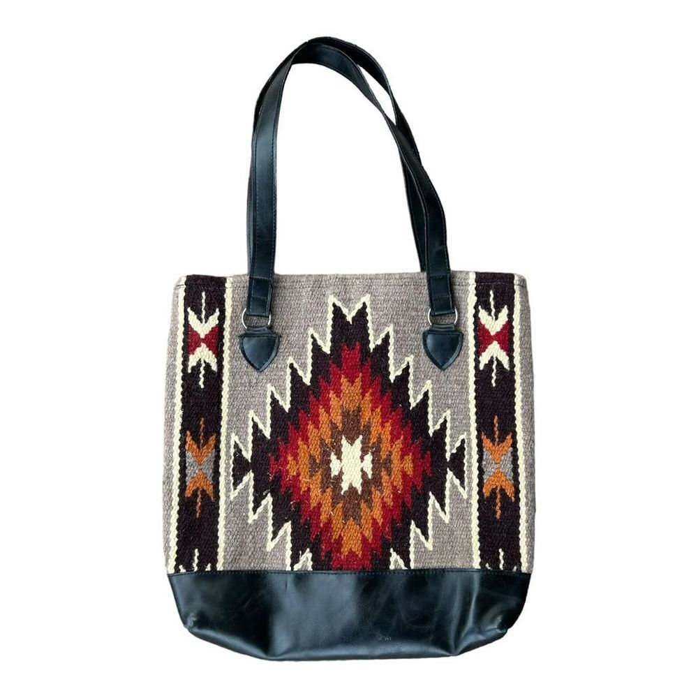 Southwestern Tote‎ Bag Black and Cream Unisex Adults with Vegan Leather Strap